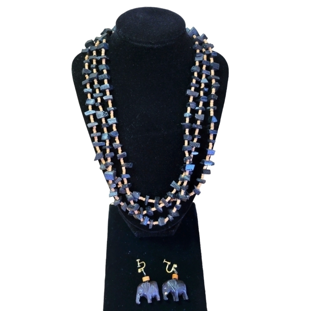 African Wooden Beaded Necklace and Carved Wooden Elephant Earrings
